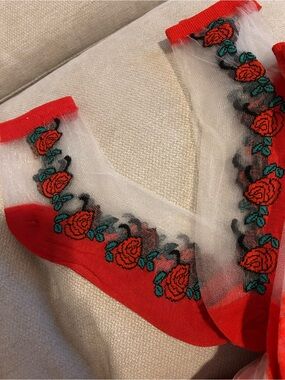 Sheer Red Ankle Socks with Embroidered Rose Trim
